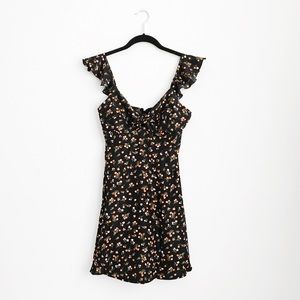 Black and Orange Floral Ruffle Strap Dress